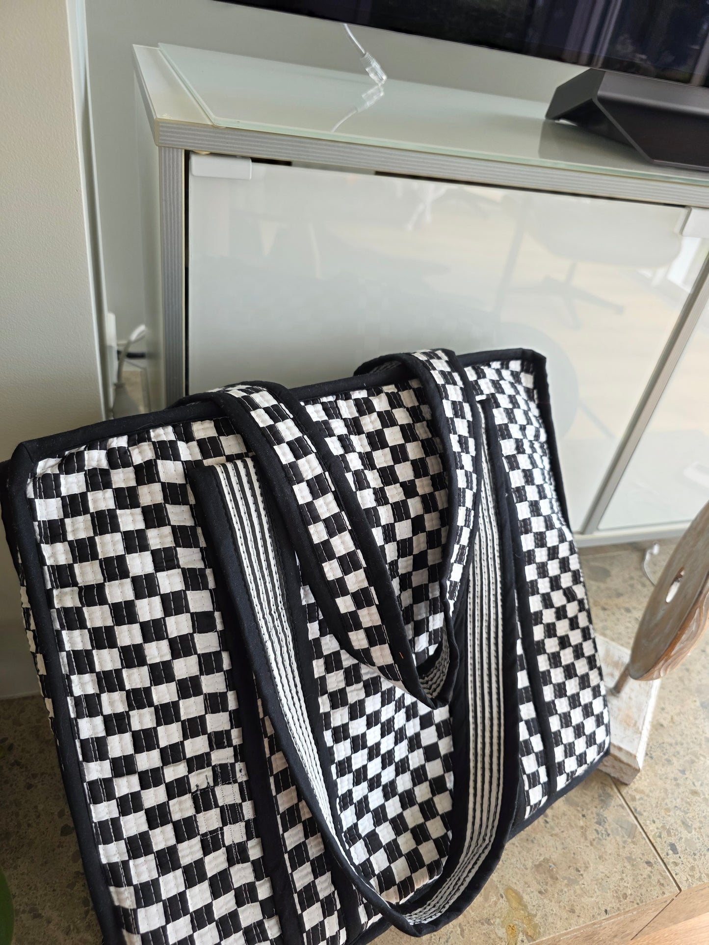 Black Checker Zipped Tote (Black Edge) - NEW SEASON