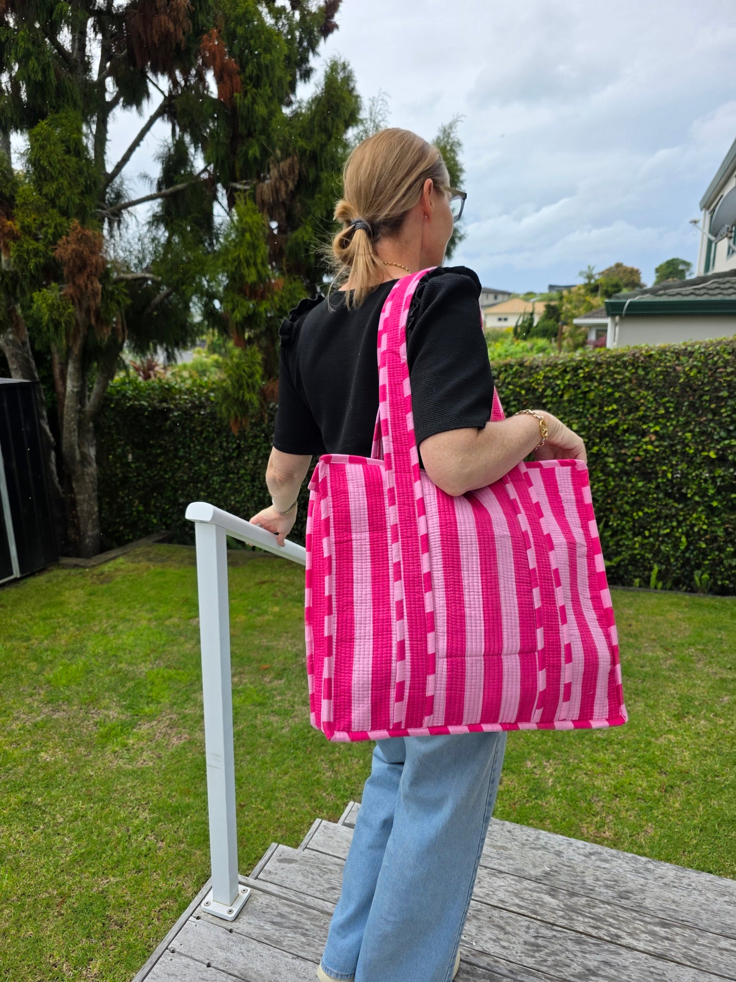Pink Stripe Zipped Tote