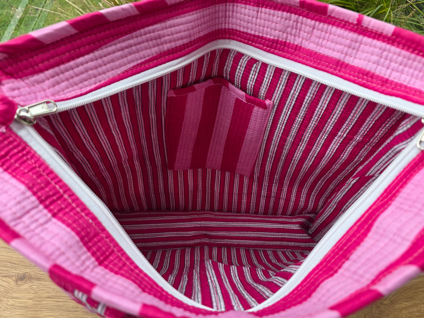 Pink Stripe Zipped Tote