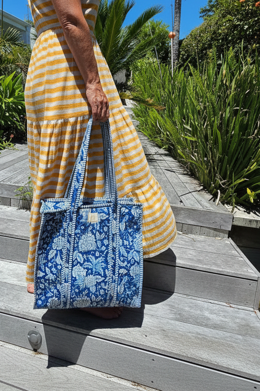 Floral Blue Midi Zipped Tote - NEW SEASON