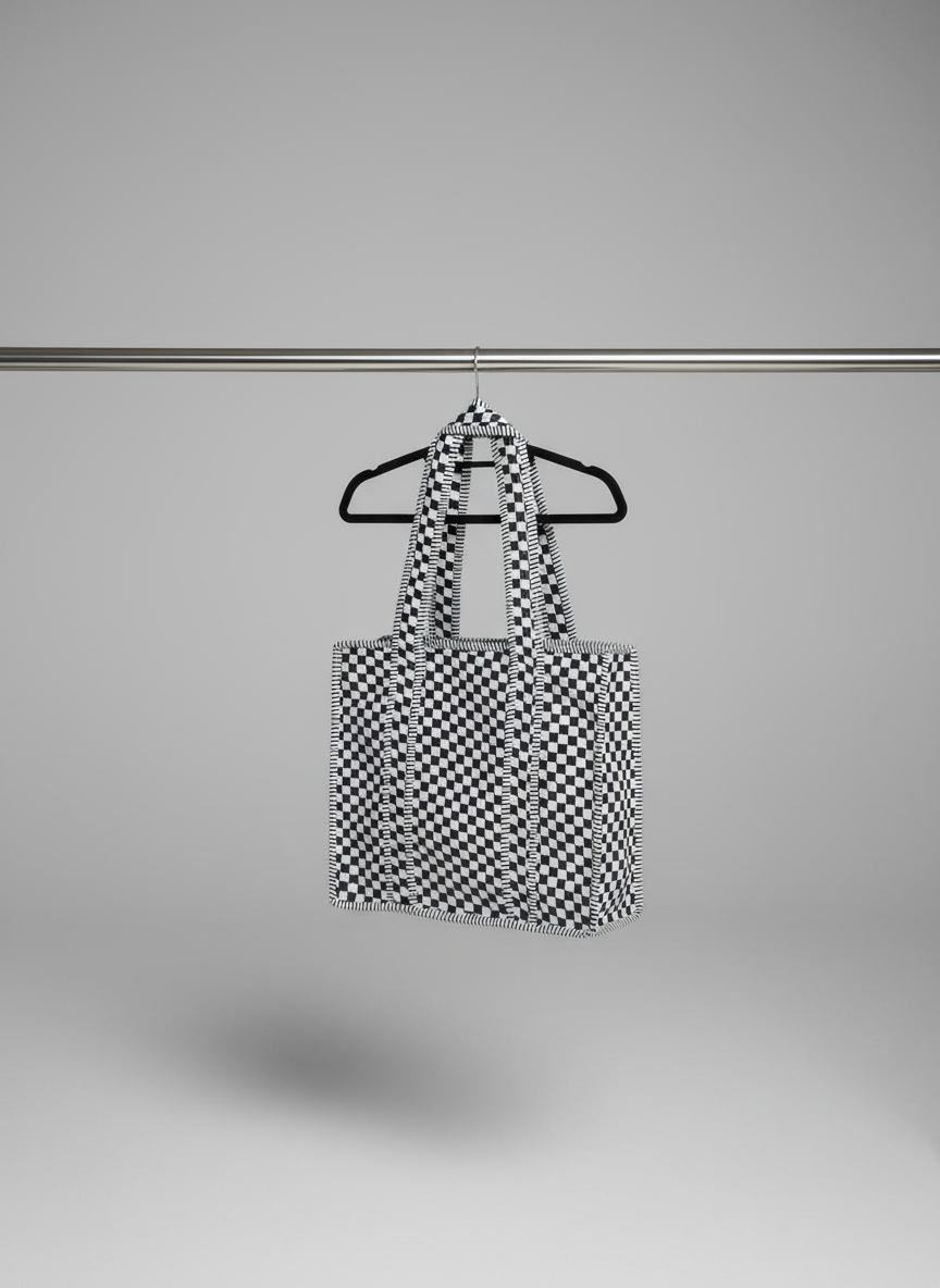 Black Checker Zipped Tote (Stripe Edge) - NEW SEASON