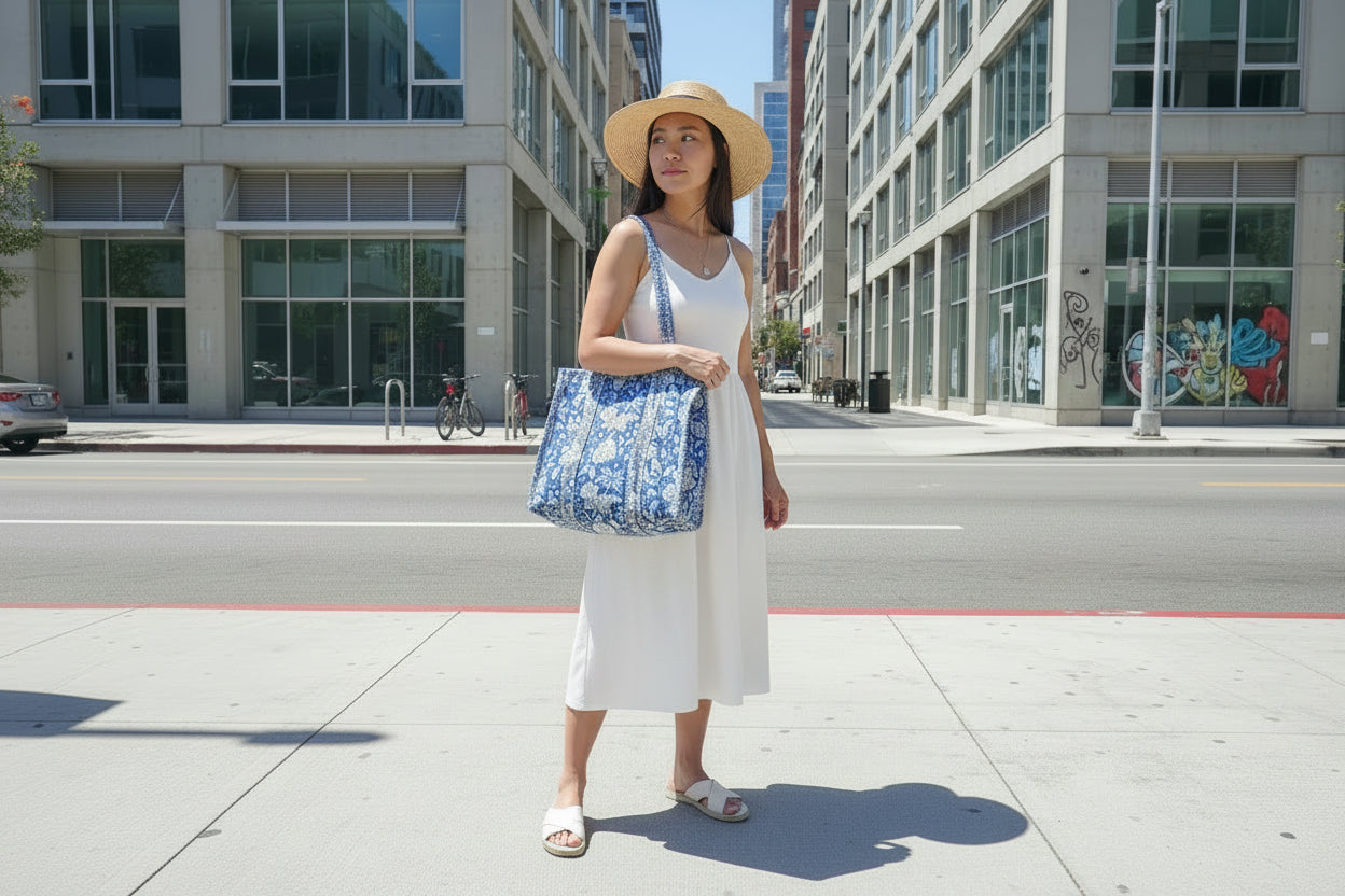 Floral Blue Midi Zipped Tote - NEW SEASON