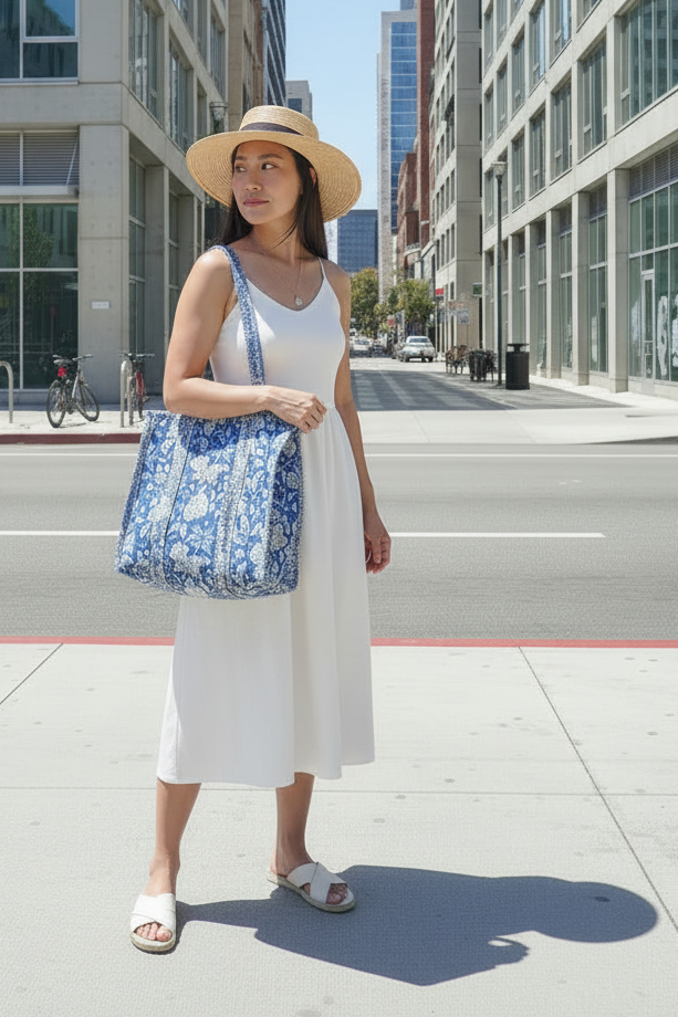 Floral Blue Midi Zipped Tote - NEW SEASON