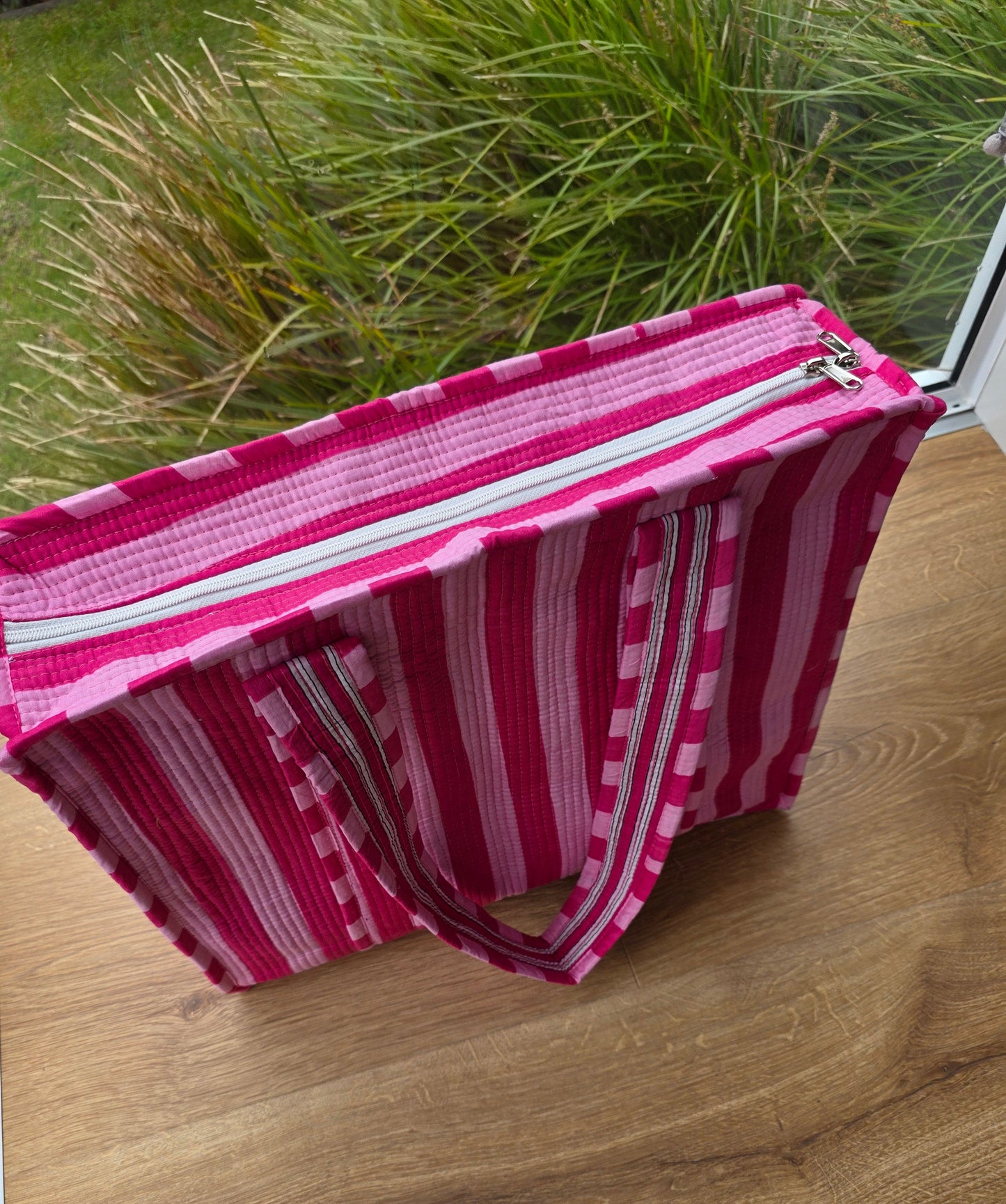 Pink Stripe Zipped Tote