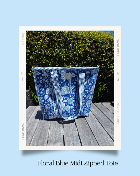 Floral Blue Midi Zipped Tote - NEW SEASON